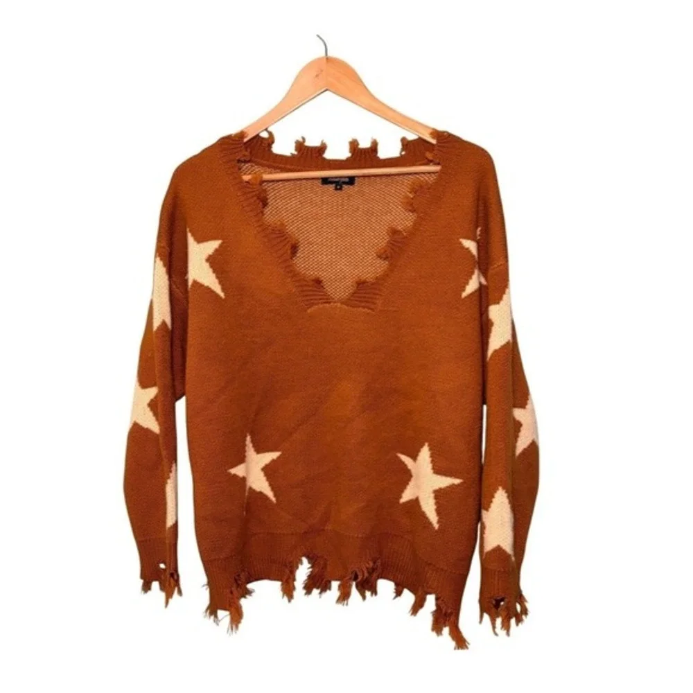 Amaryllis‎ Star Pattern V-Neck Distressed Sweater Rusty Orange Cream Knit S